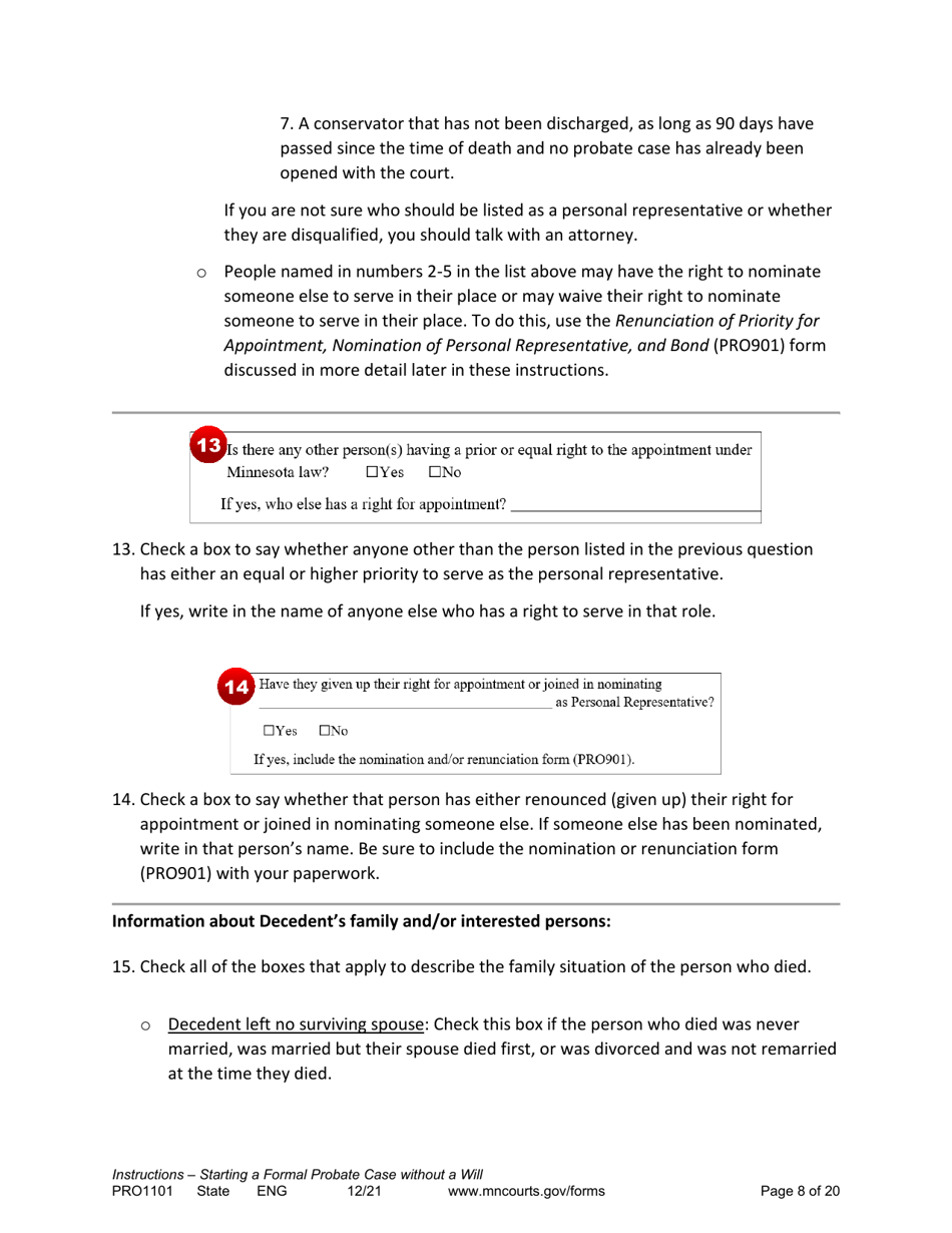 Form PRO1101 Instructions - Starting a Case: Formal Probate Without a Will - Minnesota, Page 8