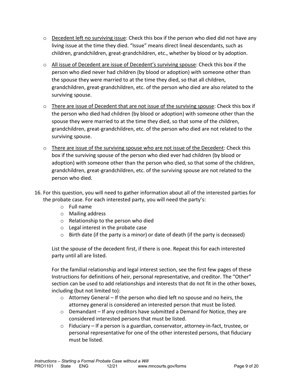 Form PRO1101 Instructions - Starting a Case: Formal Probate Without a Will - Minnesota, Page 9