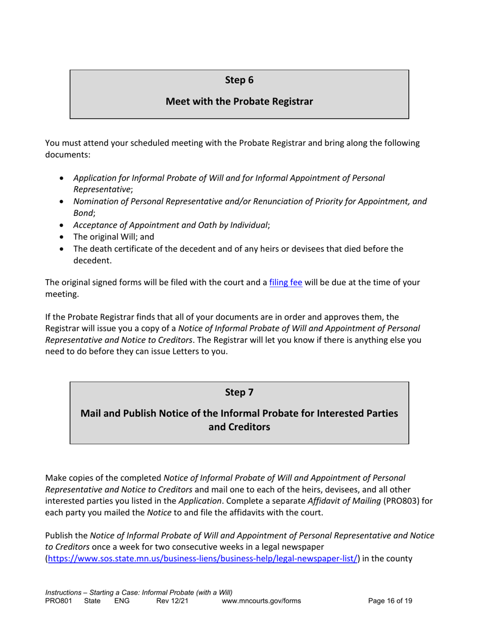 Form PRO801 Instructions - Starting a Case: Informal Probate With a Will - Minnesota, Page 16