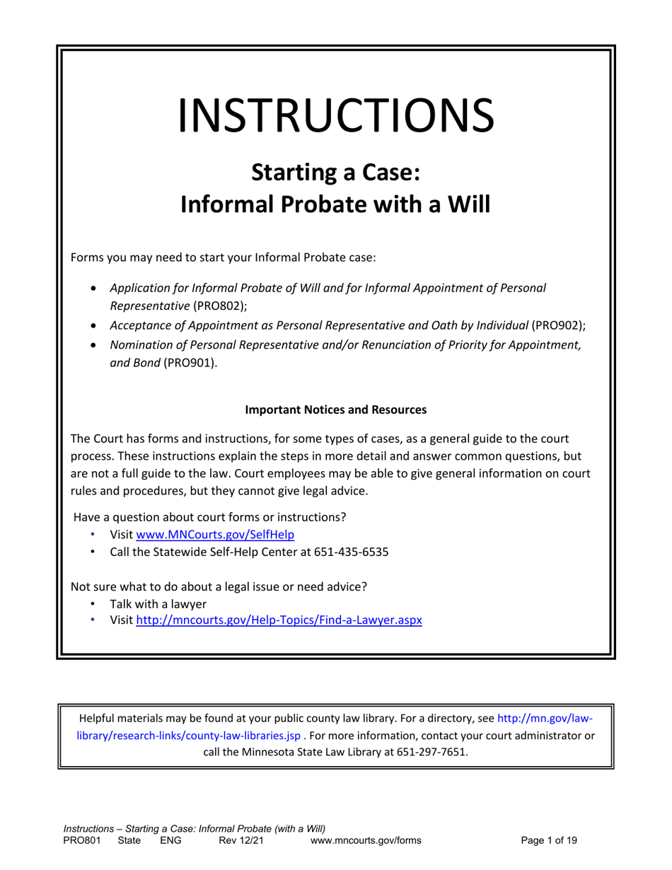 Form PRO801 Instructions - Starting a Case: Informal Probate With a Will - Minnesota, Page 1