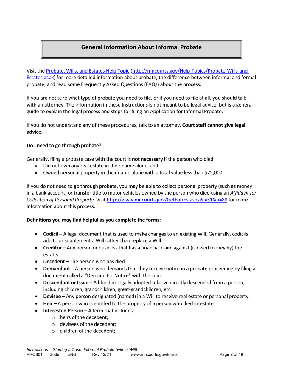 Form PRO801 Instructions - Starting a Case: Informal Probate With a Will - Minnesota, Page 2