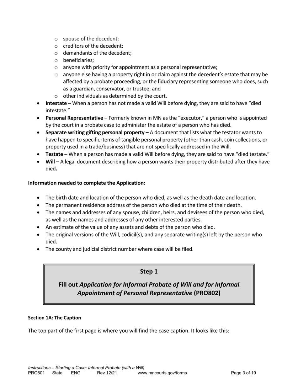 Form PRO801 Instructions - Starting a Case: Informal Probate With a Will - Minnesota, Page 3