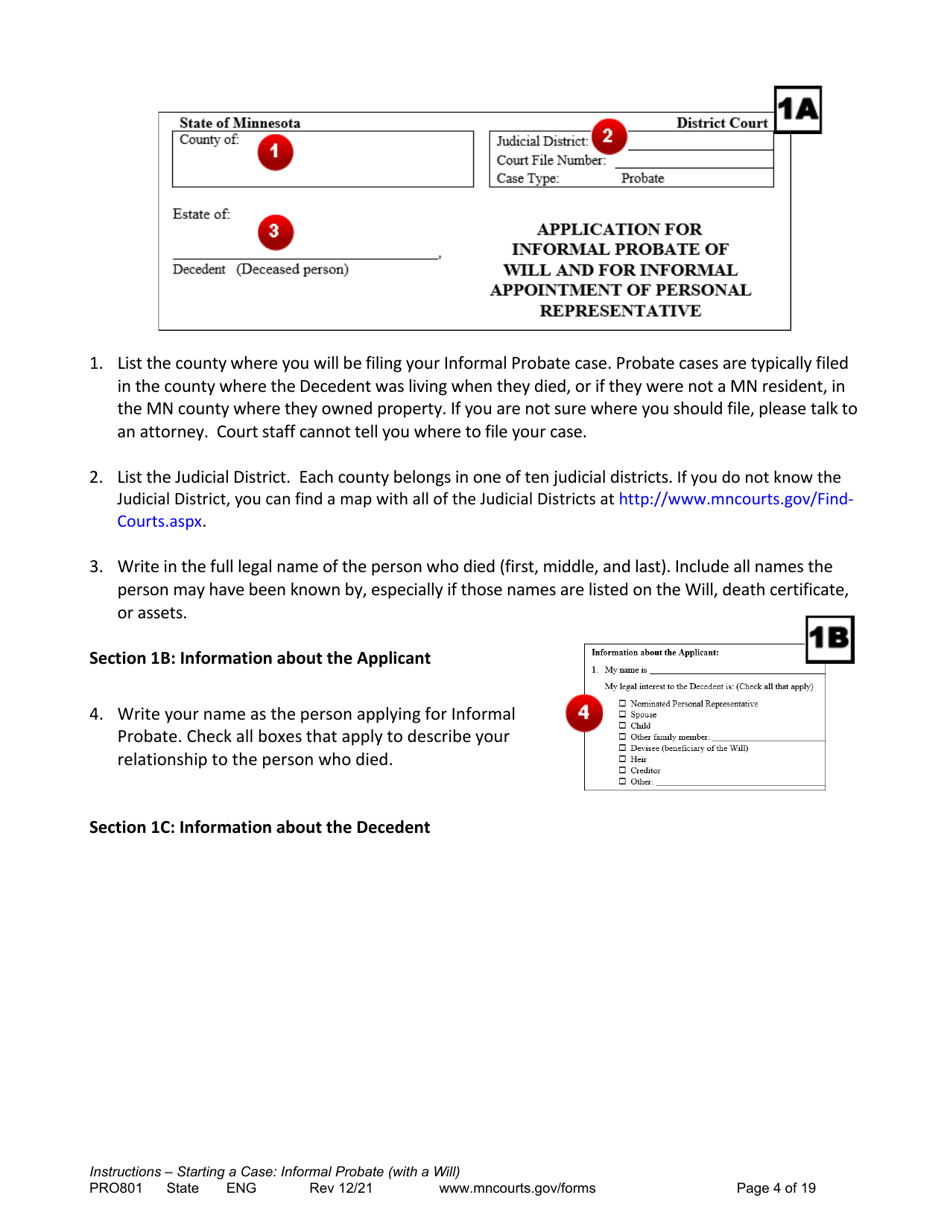 Form PRO801 Instructions - Starting a Case: Informal Probate With a Will - Minnesota, Page 4
