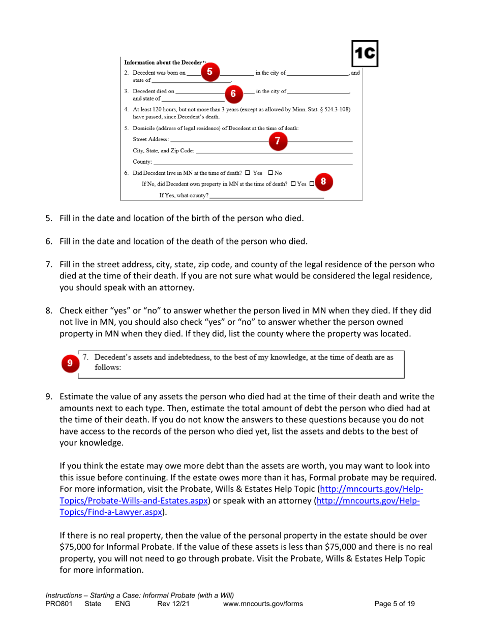 Form PRO801 Instructions - Starting a Case: Informal Probate With a Will - Minnesota, Page 5