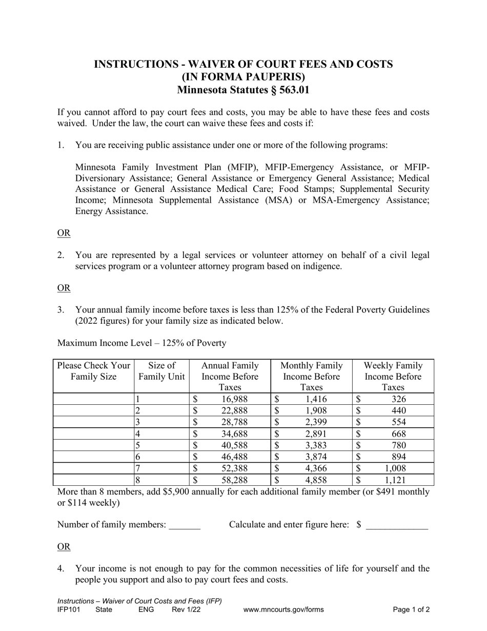 Form IFP101 Instructions - Waiver of Court Fees and Costs (In Forma Pauperis) - Minnesota, Page 1