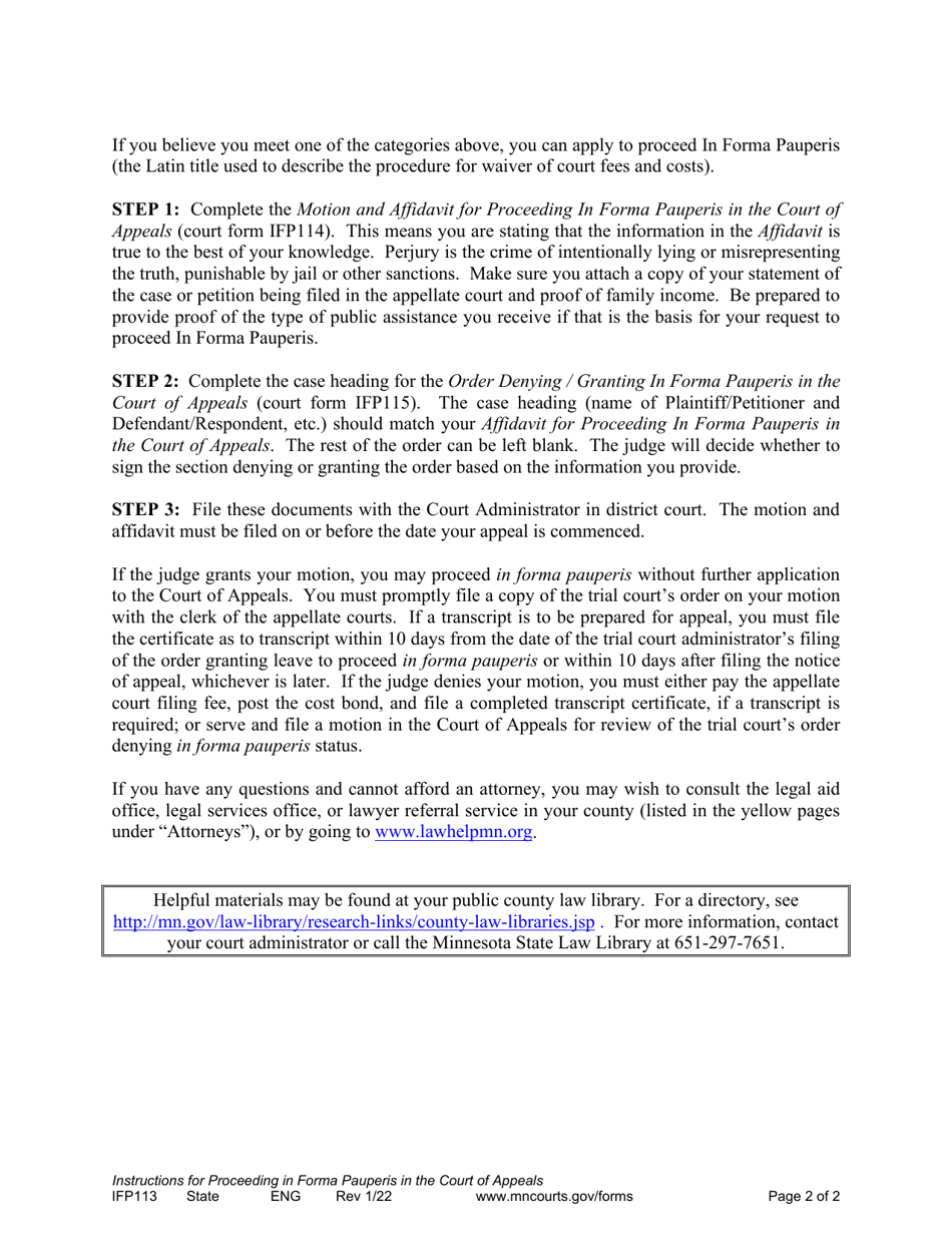 Form IFP113 Instructions for Proceeding in Forma Pauperis in the Court of Appeals - Minnesota, Page 2