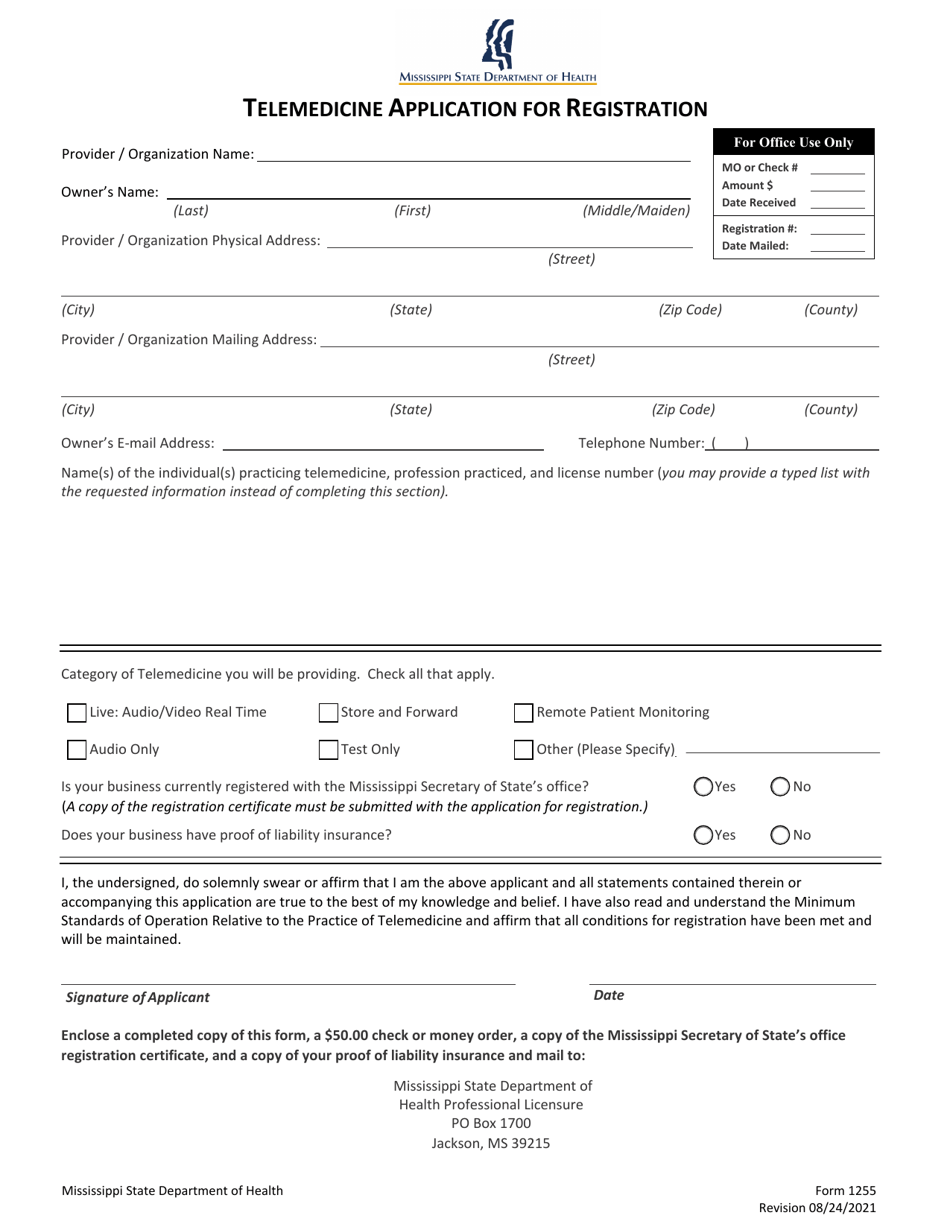 Form 1255 Telemedicine Application for Registration - Mississippi, Page 1