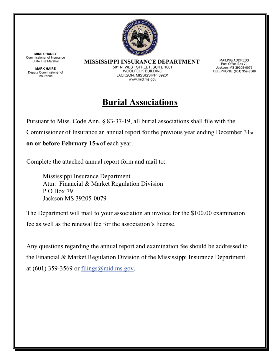 2021 Mississippi Burial Associations Annual Statement Fill Out, Sign
