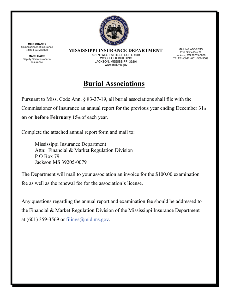 Burial Associations Annual Statement - Mississippi, Page 1