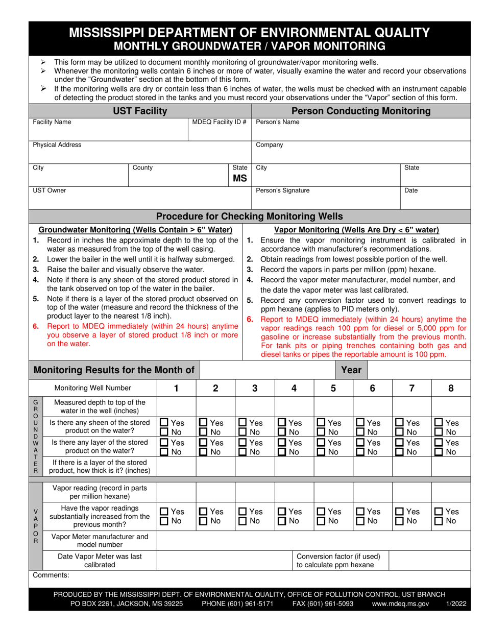 Monthly Groundwater / Vapor Monitoring Form - Mississippi, Page 1