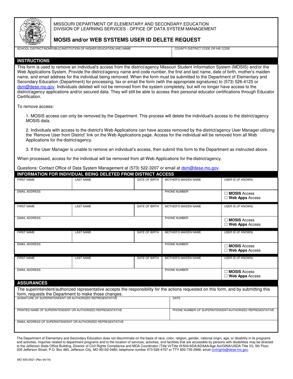 Form MO500-2421 Mosis and / or Web Systems User Id Delete Request - Missouri, Page 1