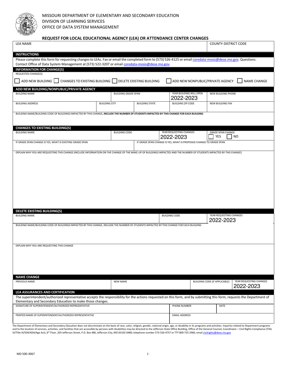 Form MO500-3067 Request for Local Educational Agency (Lea) or Attendance Center Changes - Missouri, Page 1