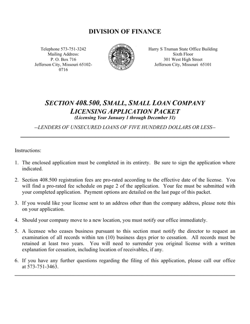 Application for Small, Small Loans Certificate of Registration - Section 408.500 License - Missouri Download Pdf