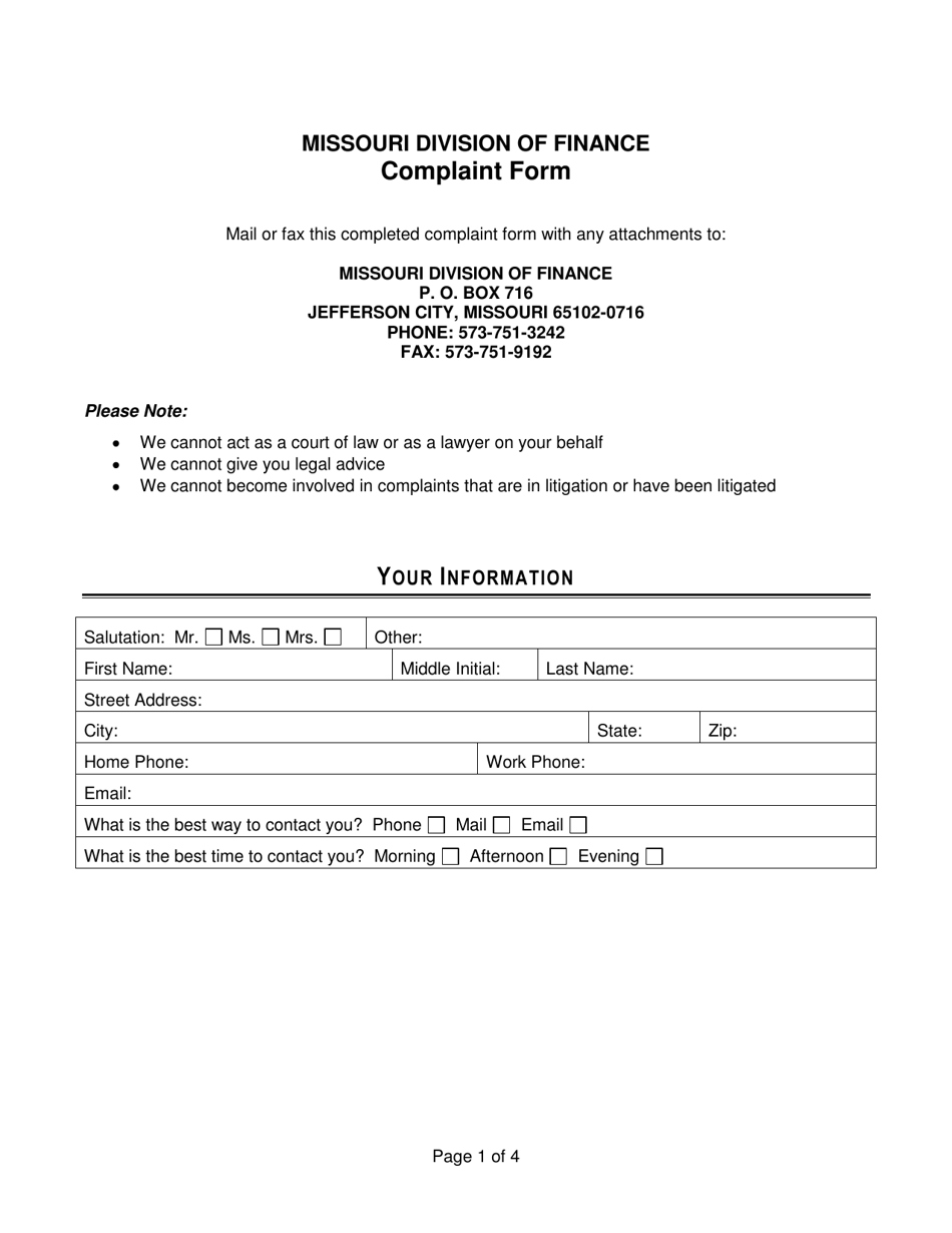 Complaint Form - Missouri, Page 1