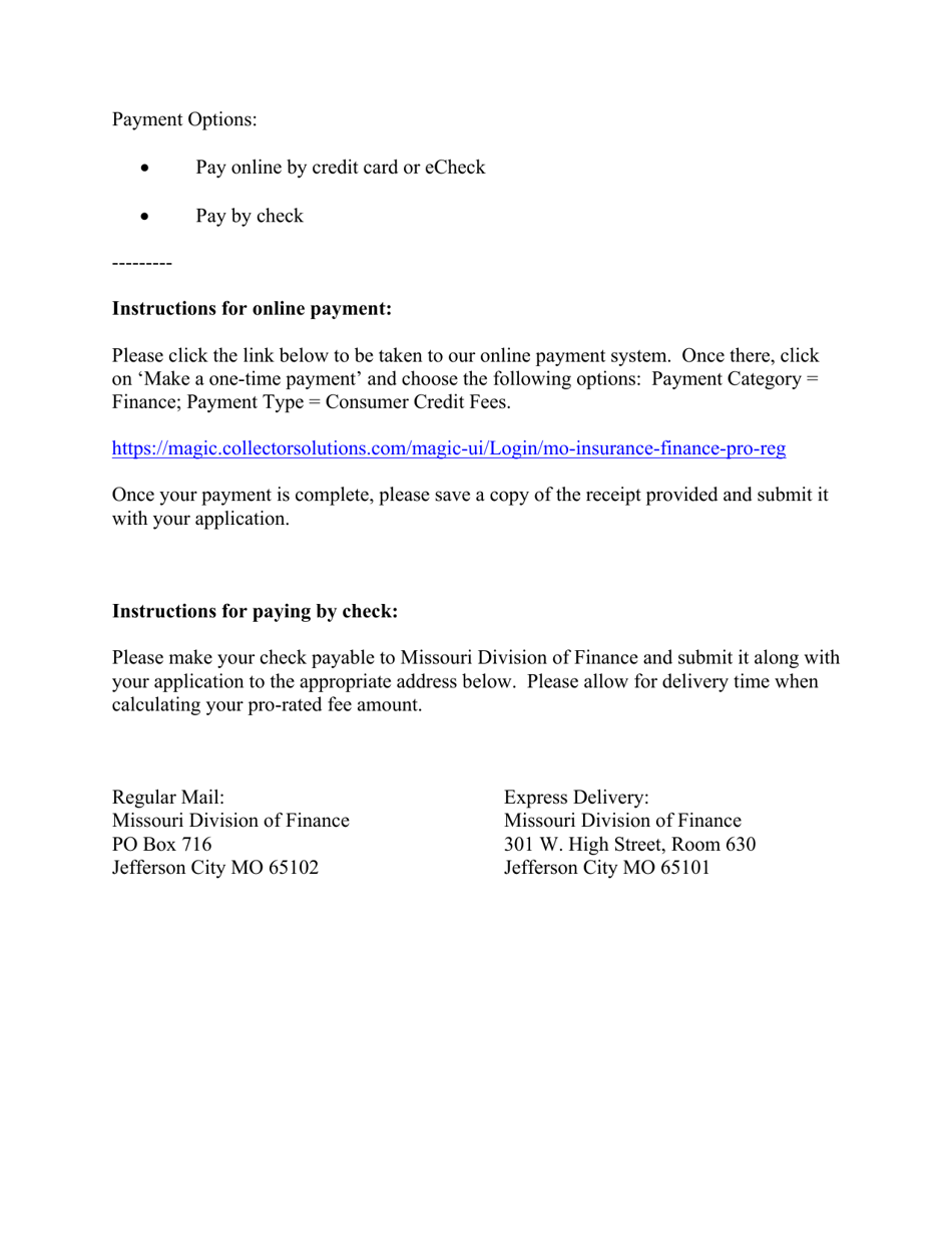 Form PF Application for Premium Finance Company - Missouri, Page 4