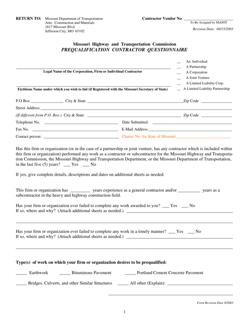 Prequalification Contractor Questionnaire - Missouri Download Pdf
