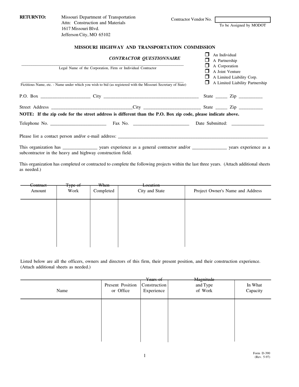 Form D-390 Contractor Questionnaire - Missouri, Page 1