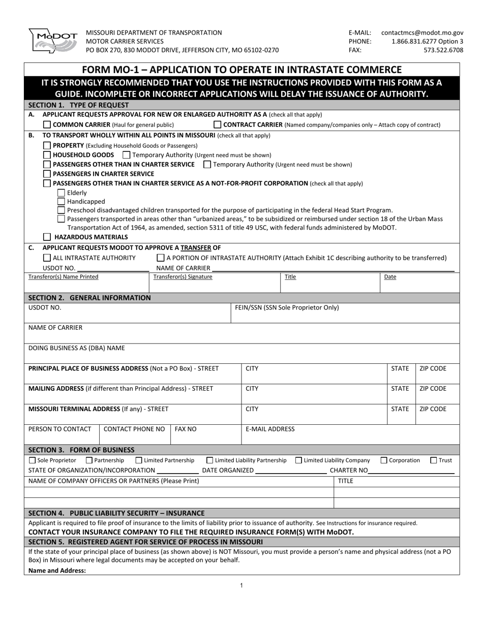 Form MO-1 Application to Operate in Intrastate Commerce - Missouri, Page 1