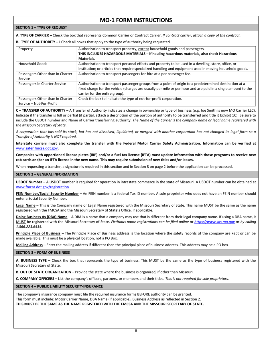Form MO-1 Application to Operate in Intrastate Commerce - Missouri, Page 5