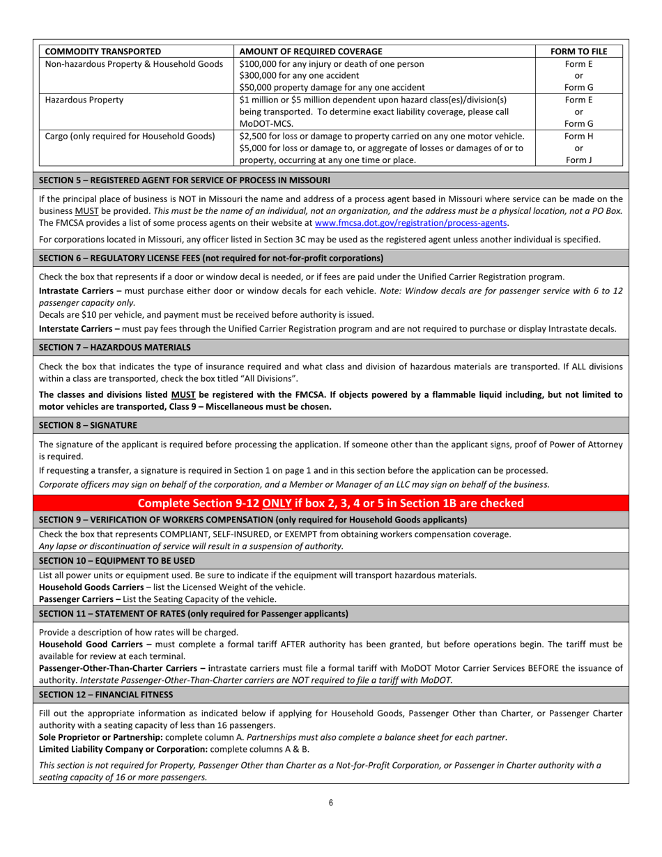 Form MO-1 Application to Operate in Intrastate Commerce - Missouri, Page 6