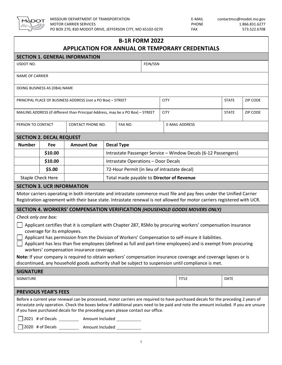 Form B-1R Application for Annual or Temporary Credentials - Missouri, Page 1