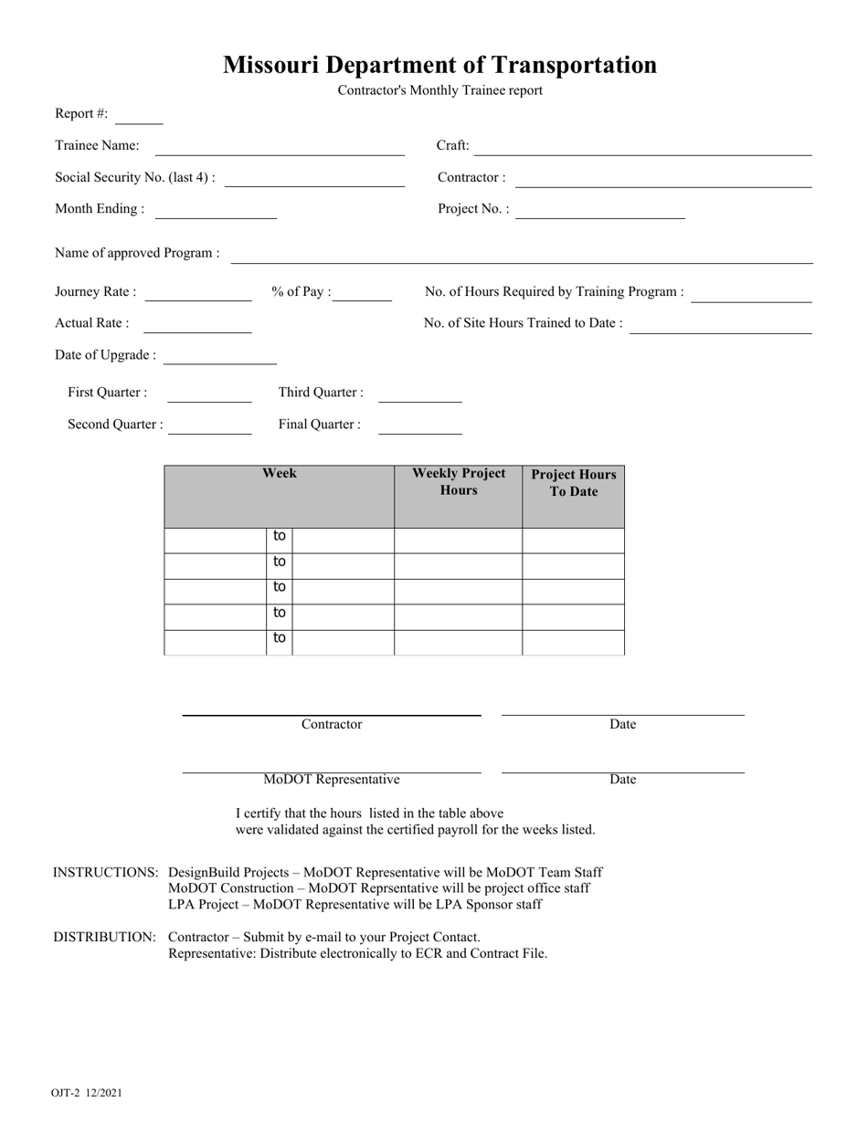 Form OJT-2 Contractors Monthly Trainee Report - Missouri, Page 1