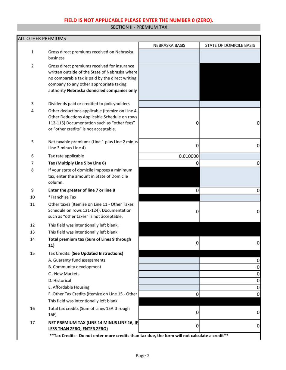Annual Tax Return - Title Insurers, Risk Retention Groups - Nebraska, Page 2