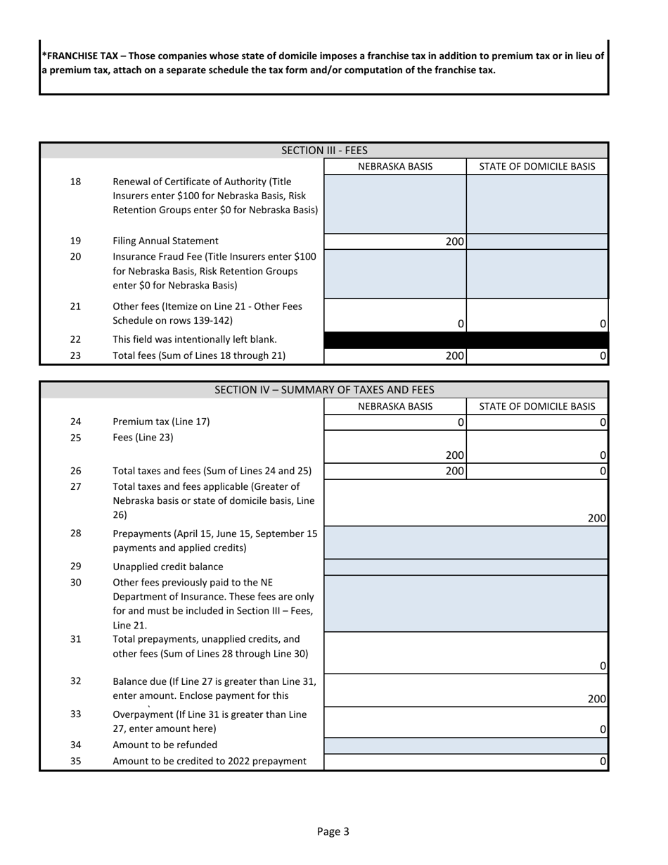 Annual Tax Return - Title Insurers, Risk Retention Groups - Nebraska, Page 3