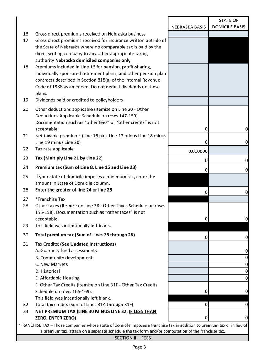 Annual Tax Return - Life and Health Insurer, Health Maintenance Organization - Nebraska, Page 3