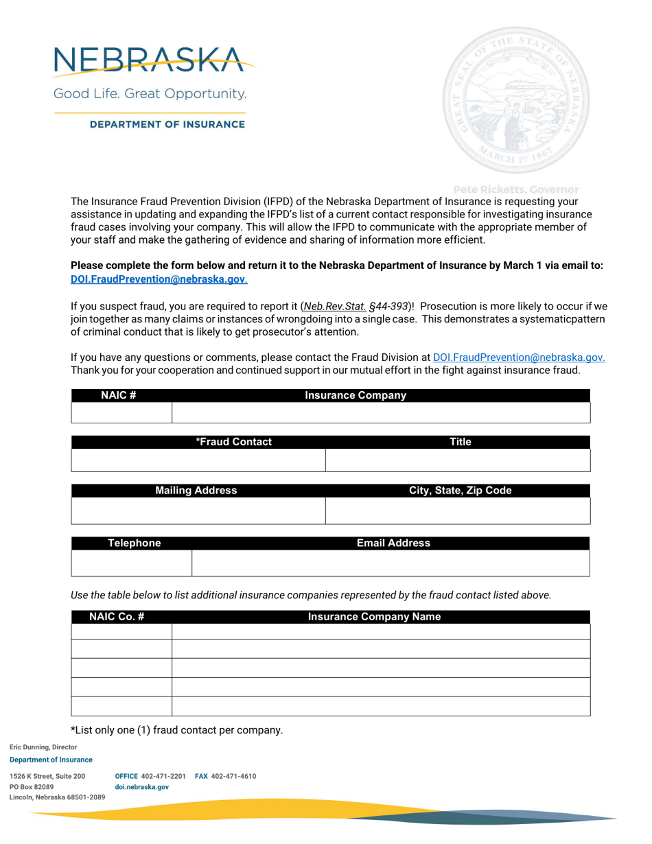 Request for Fraud Contact and Suspected Fraudulent Claim Report - Nebraska, Page 1
