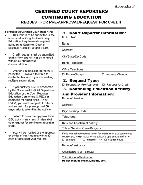 Appendix F Request for Pre-approval/Request for Credit - Certified Court Reporters Continuing Education - Missouri
