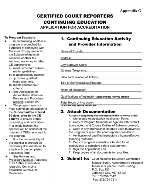 Appendix G Application for Accreditation - Certified Court Reporters Continuing Education - Missouri
