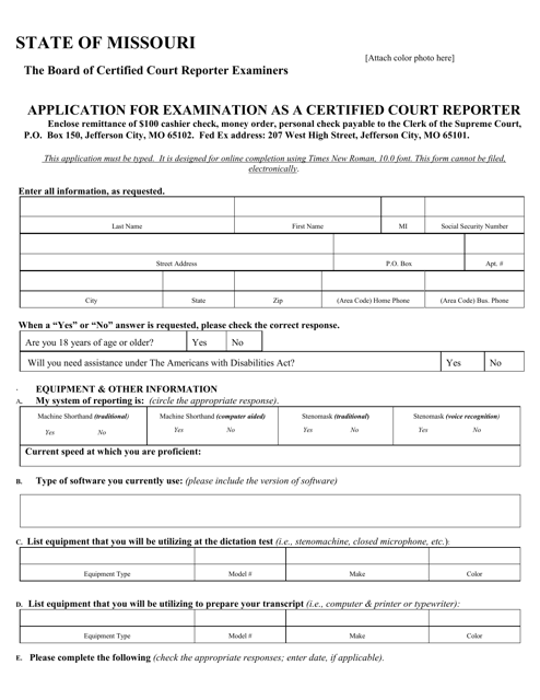 Application for Examination as a Certified Court Reporter - Missouri