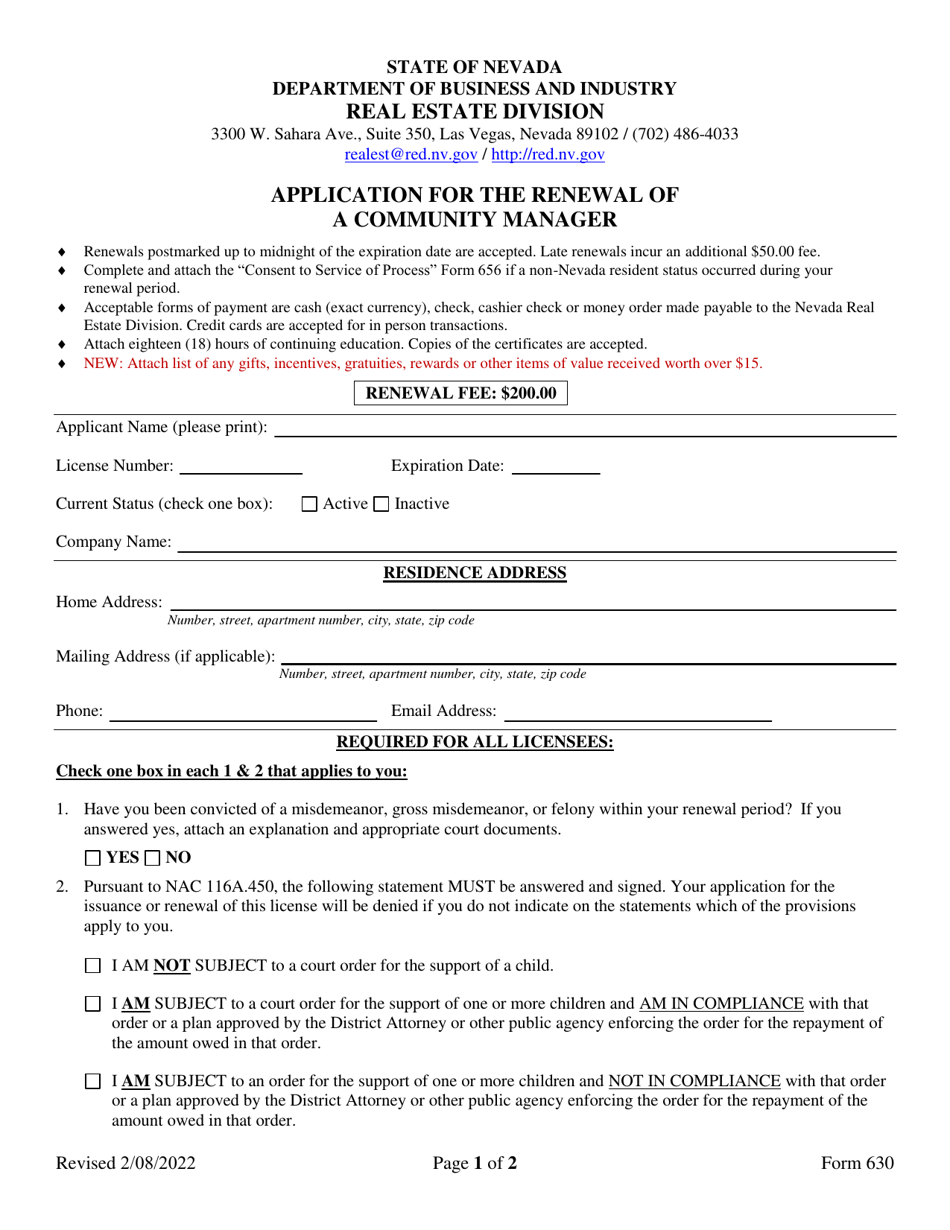Form 630 Application for Renewal - Community Manager - Nevada, Page 1