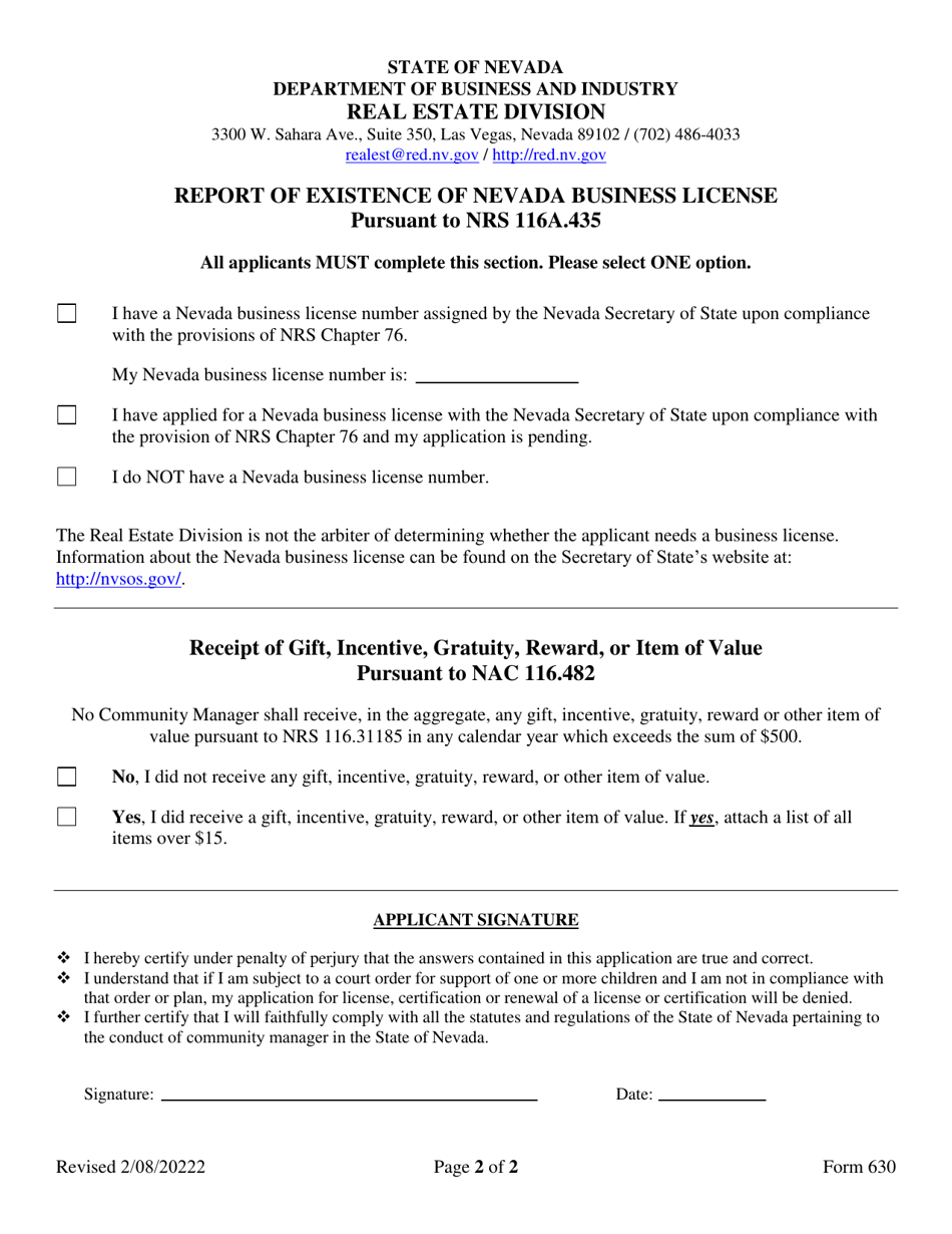 Form 630 Application for Renewal - Community Manager - Nevada, Page 2