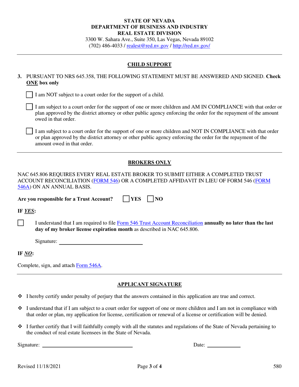 Form 580 Renewal Application - Broker, Broker Salesperson, or Salesperson License Business Broker and Property Manager Permit - Nevada, Page 3