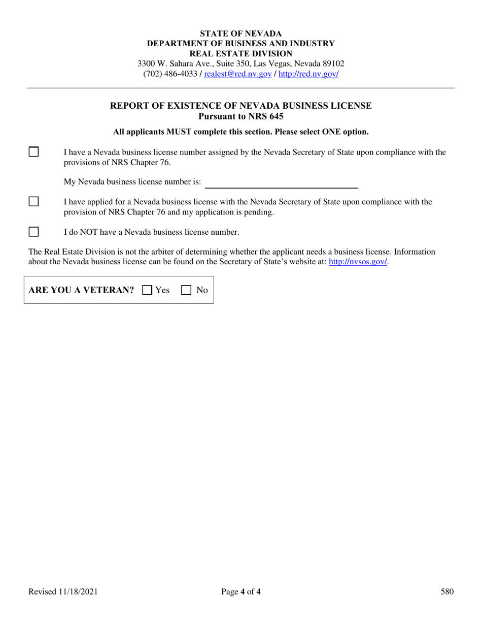 Form 580 Renewal Application - Broker, Broker Salesperson, or Salesperson License Business Broker and Property Manager Permit - Nevada, Page 4