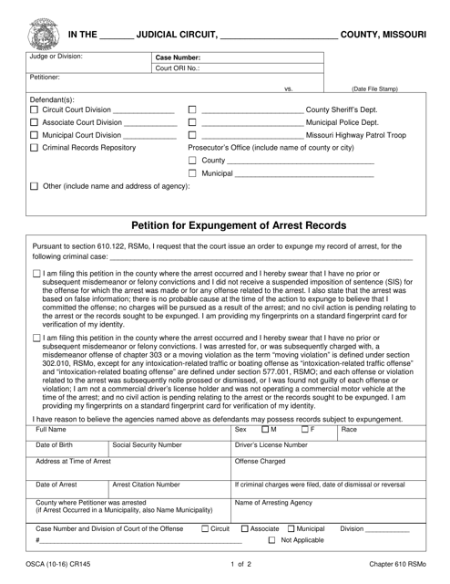 Form CR145 Petition for Expungement of Arrest Records - Missouri