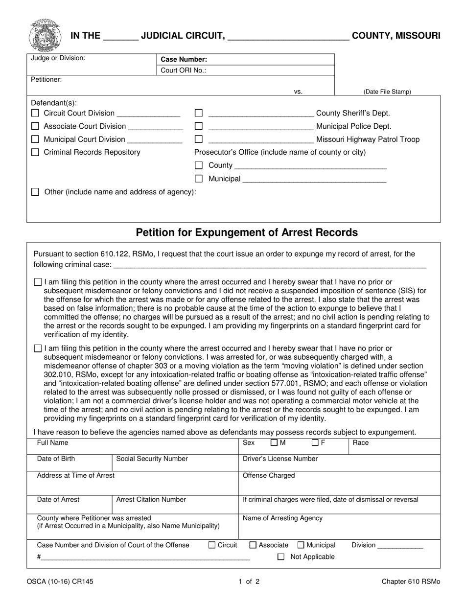 Form CR145 Petition for Expungement of Arrest Records - Missouri, Page 1