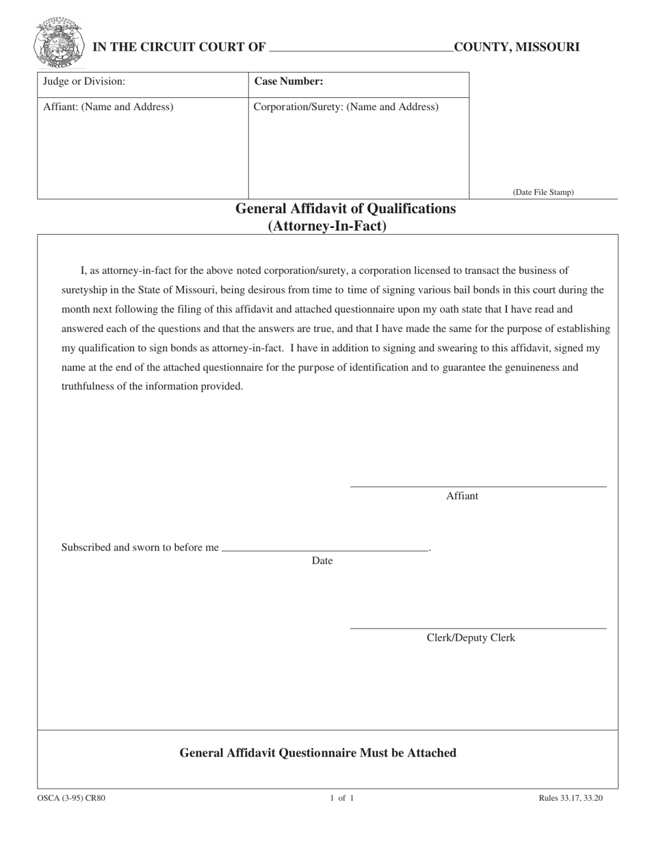Form CR80 General Affidavit of Qualifications (Attorney-In-fact) - Missouri, Page 1