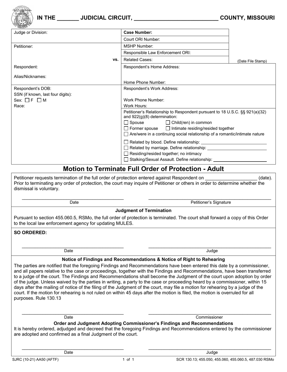 Form AA50 Motion to Terminate Full Order of Protection - Adult - Missouri, Page 1
