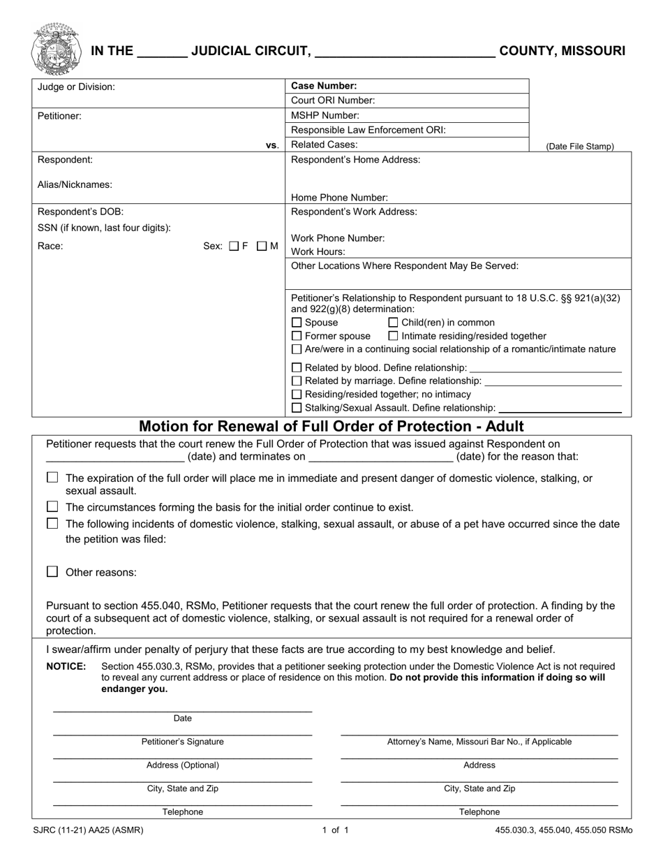 Form AA25 Motion for Renewal of Full Order of Protection - Adult - Missouri, Page 1