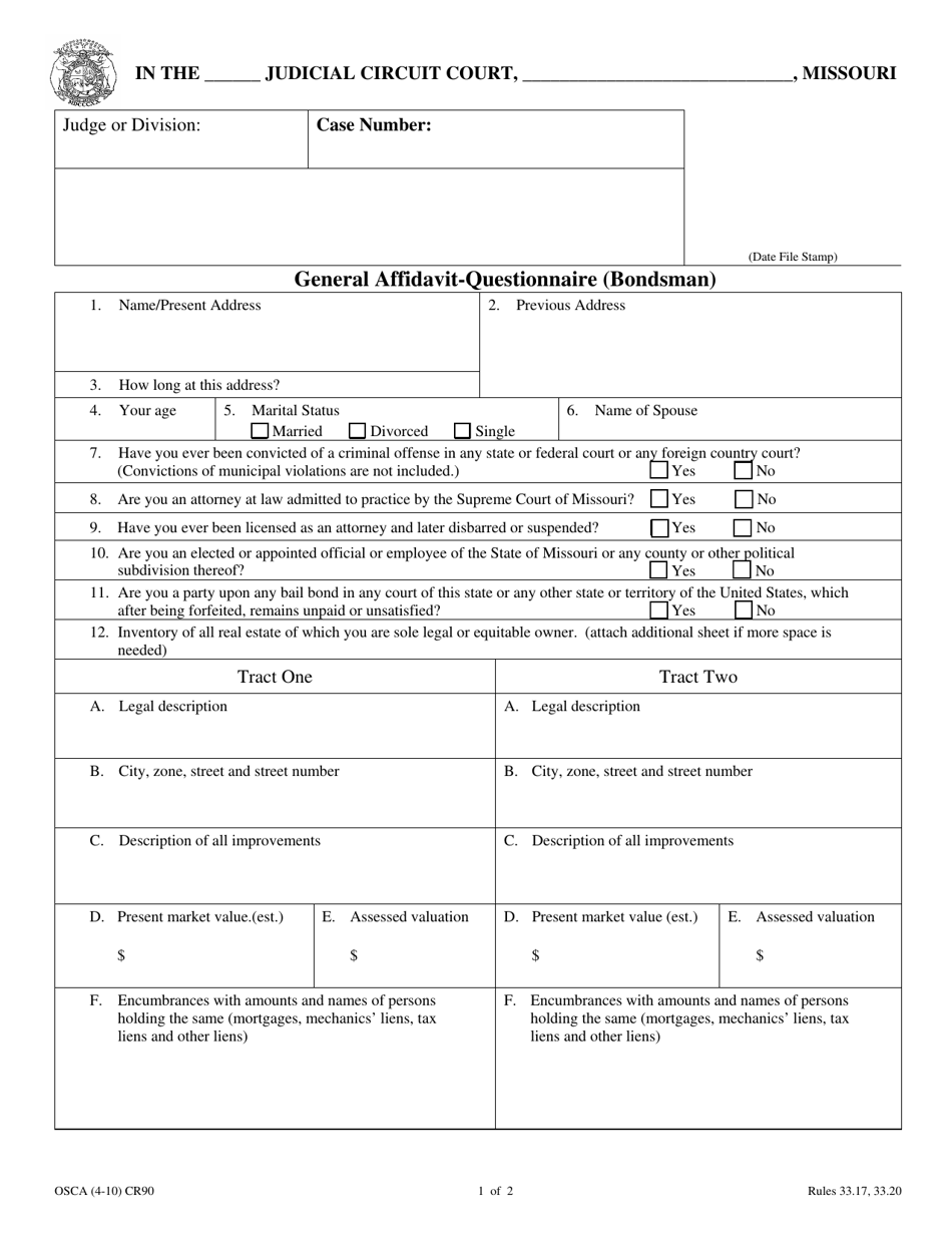 Form CR90 General Affidavit-Questionnaire (Bondsman) - Missouri, Page 1