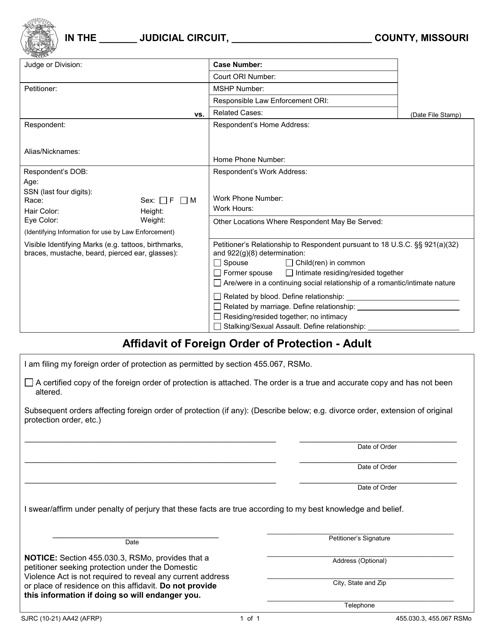 Form AA42 Affidavit of Foreign Order of Protection - Adult - Missouri