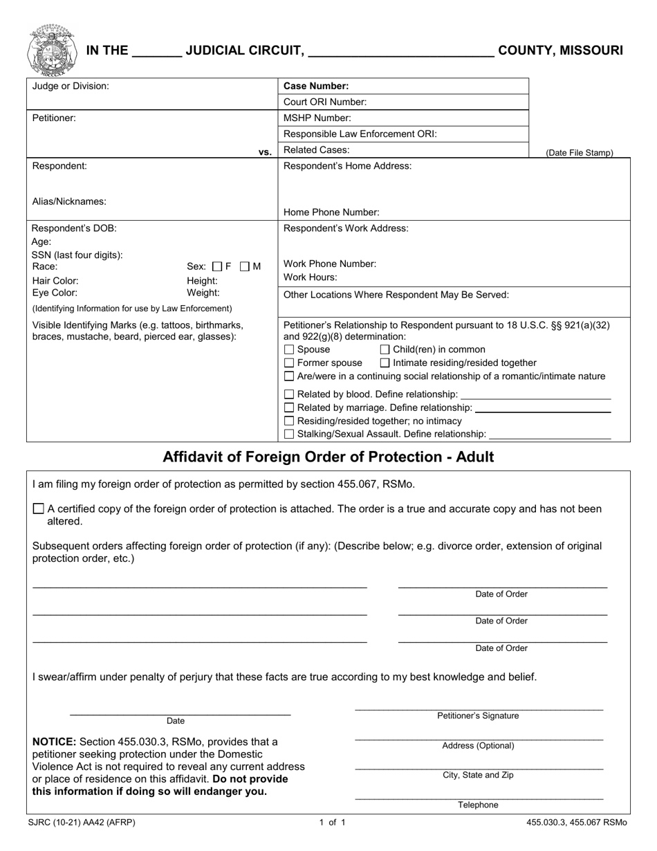 Form AA42 Affidavit of Foreign Order of Protection - Adult - Missouri, Page 1