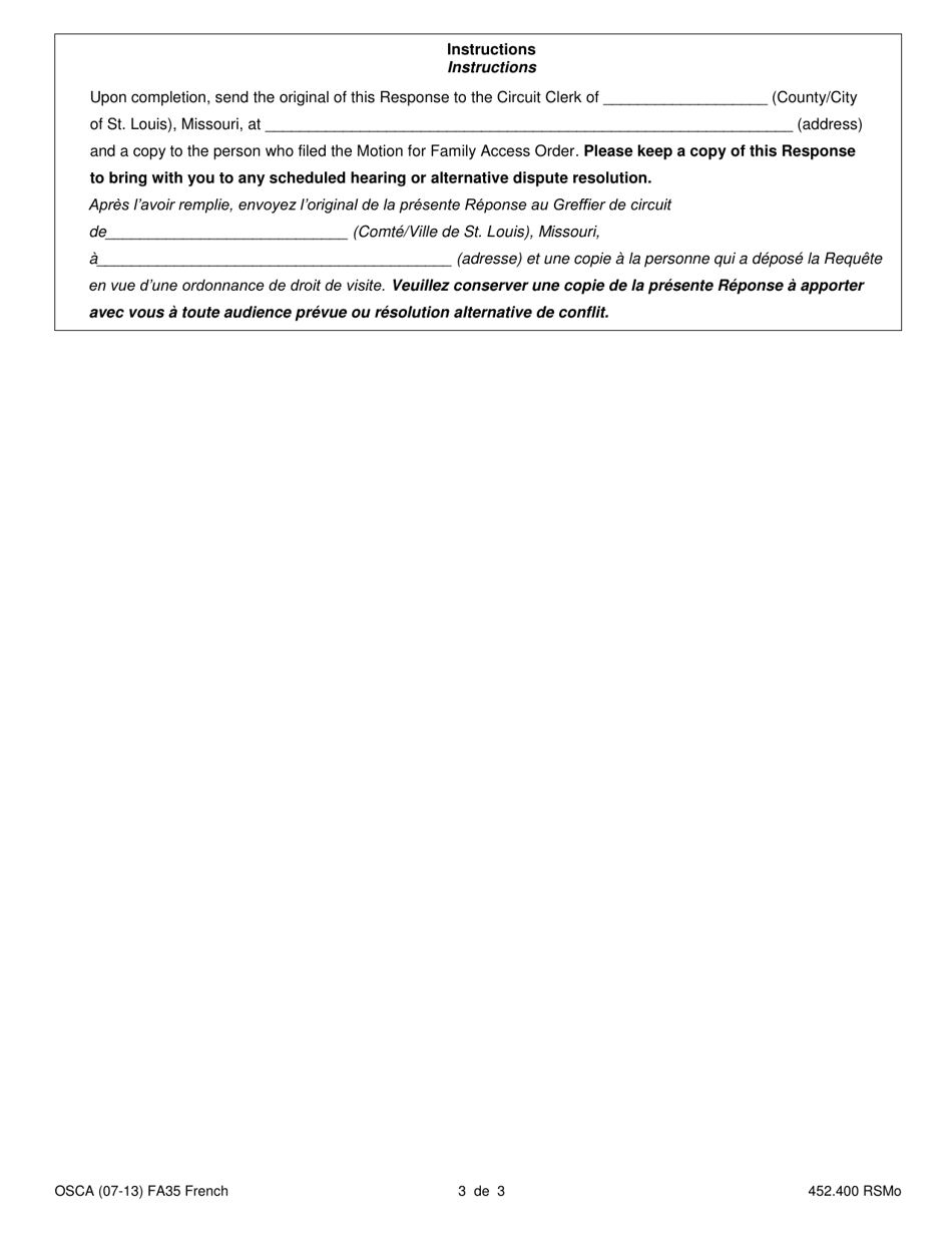 Form FA35 Response to Motion for Family Access Order - Missouri (English / French), Page 3