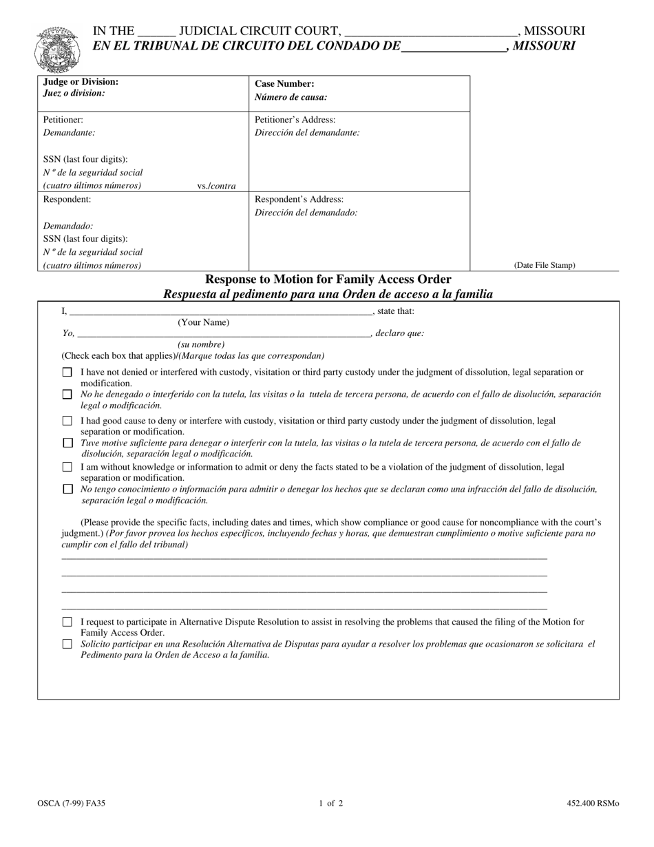 Form FA35 Response to Motion for Family Access Order - Missouri (English / Spanish), Page 1