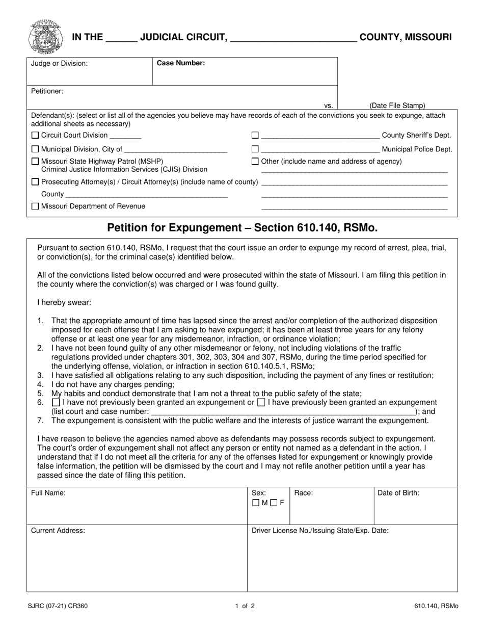 Form CR360 Petition for Expungement - Section 610.140, Rsmo. - Missouri, Page 1