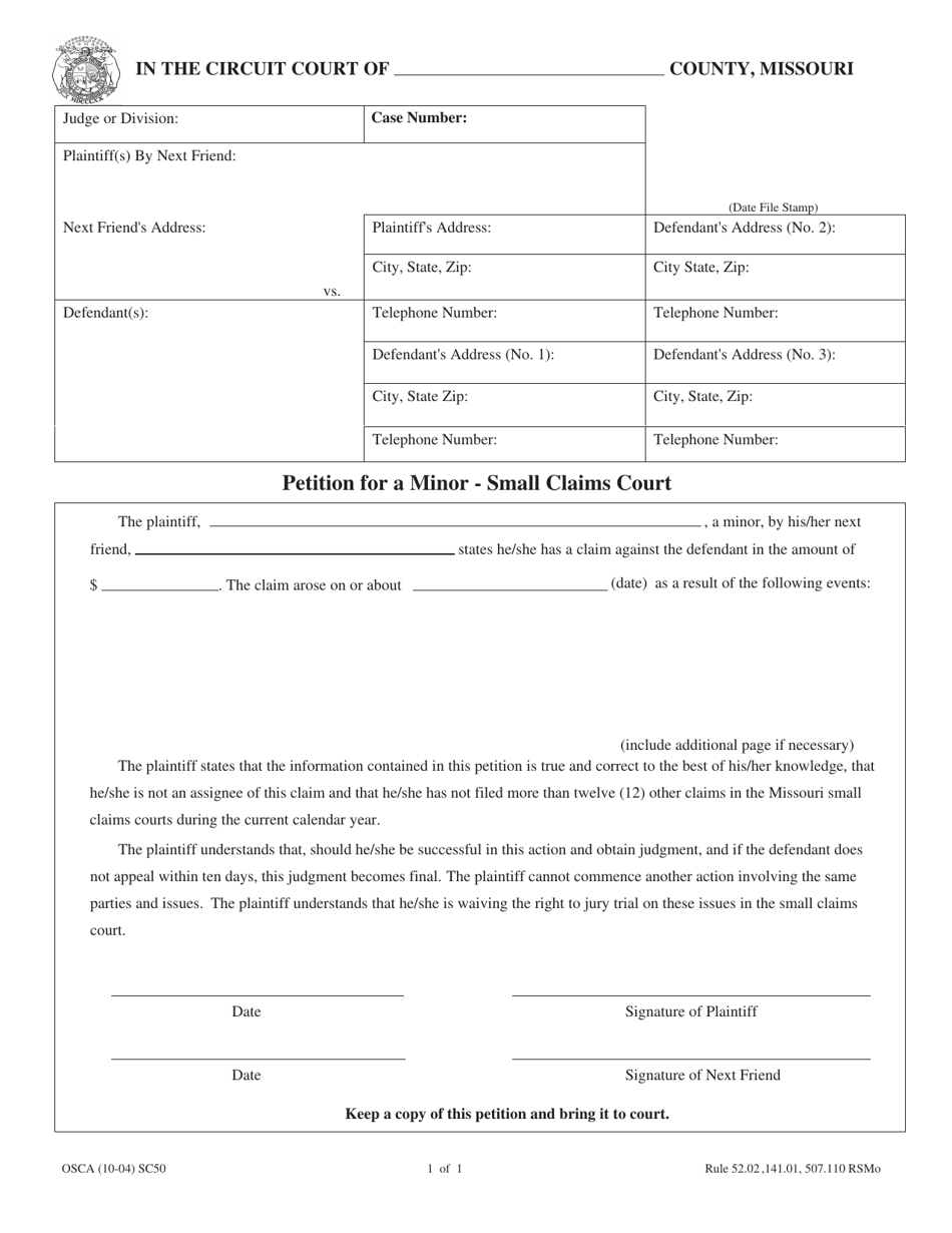 Form SC50 Petition for a Minor - Small Claims Court - Missouri, Page 1