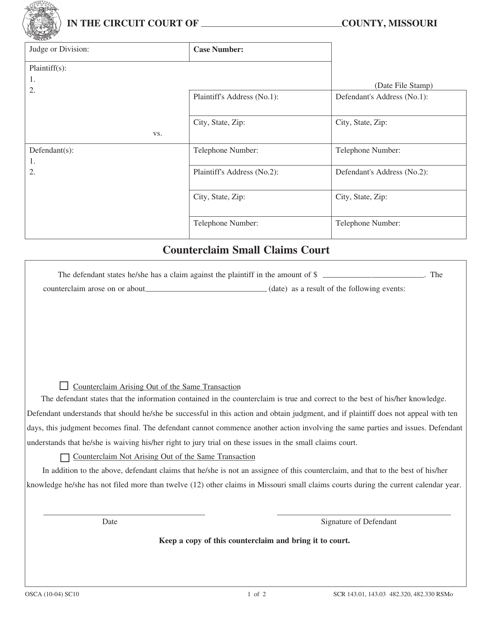 Form SC10 Counterclaim Small Claims Court - Missouri